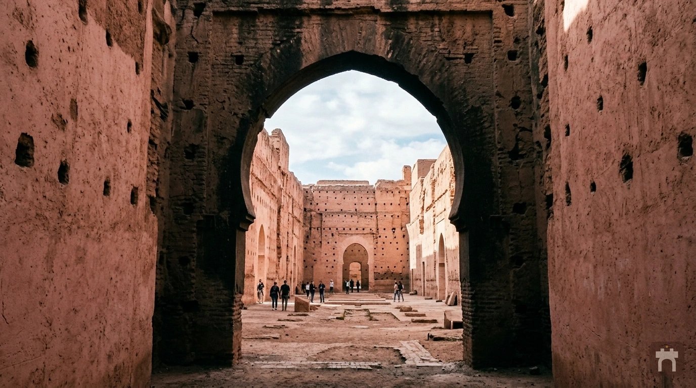 أسوار قصر البديع الشامخة من التراب المدكوك وقد أنهكها الزمن
