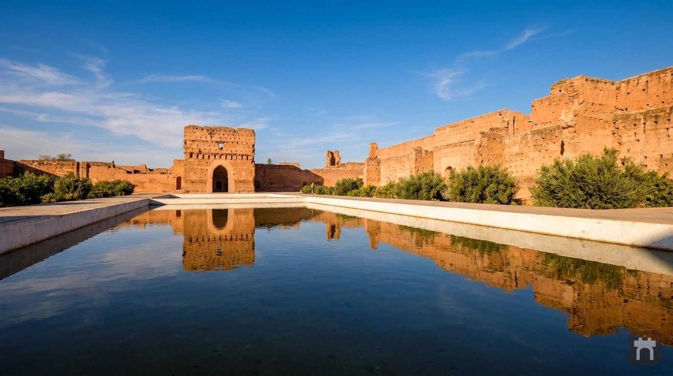 The wide central walkway crossing the open courtyard at El Badi Palace