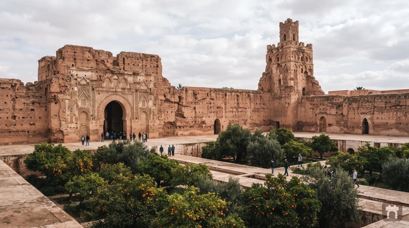 Wide view of the El Badi Palace ramparts and courtyard with visitors walking below