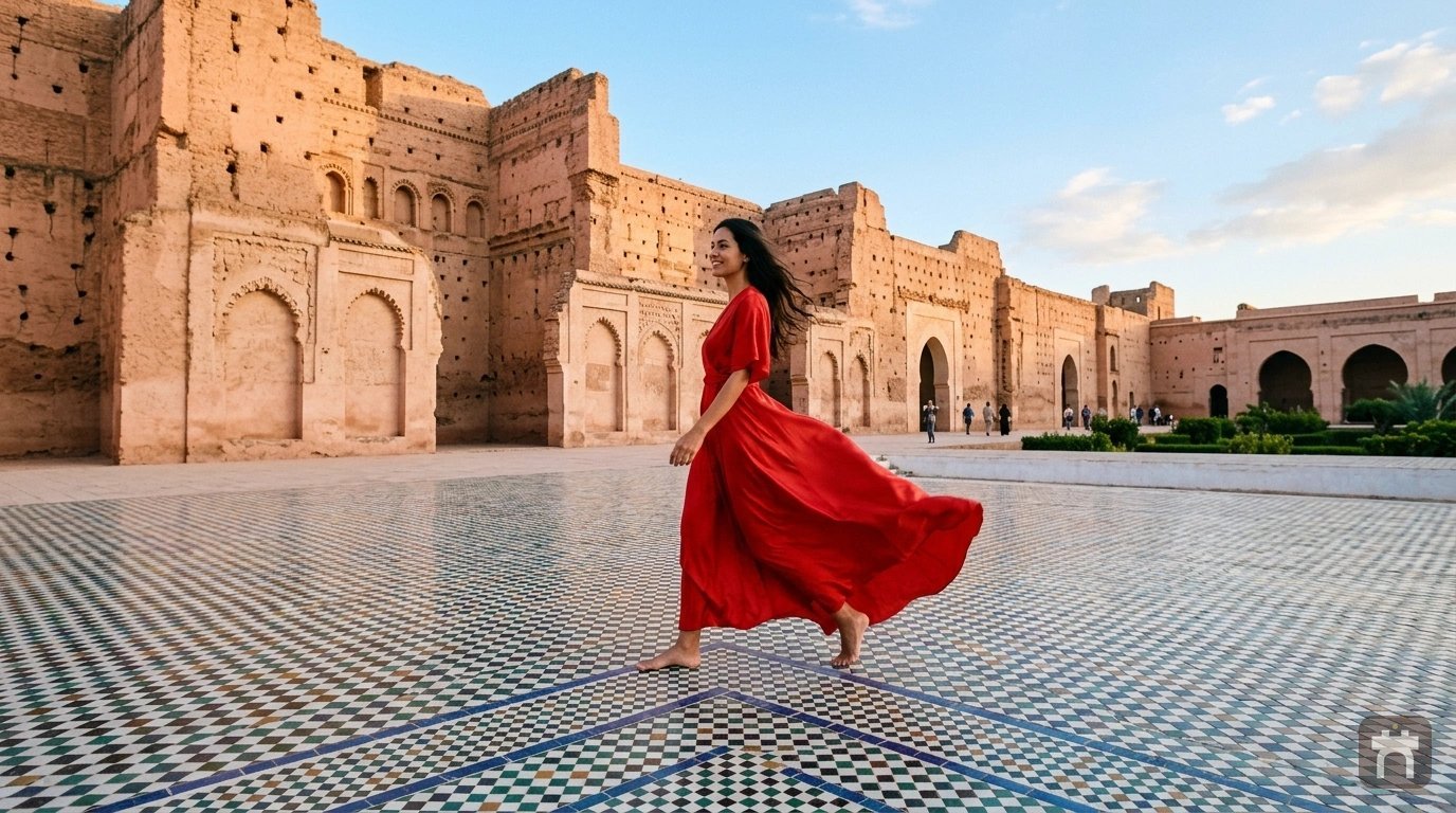 زائرٌ يعبر الفناء المحفور في قصر البديع