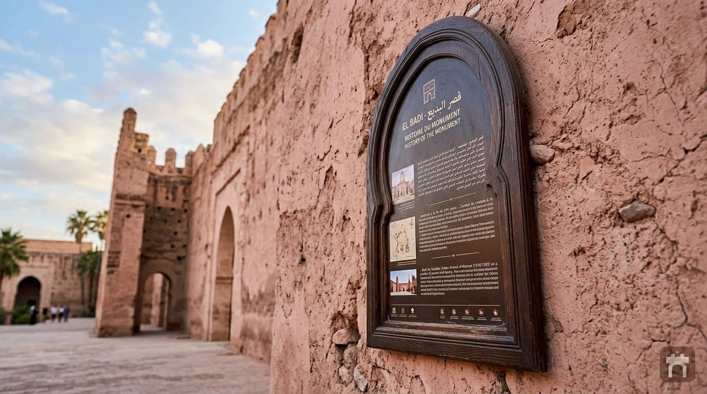 Trilingual information panel describing the Guest Houses and Koubba al Khamsiniyya at El Badi Palace