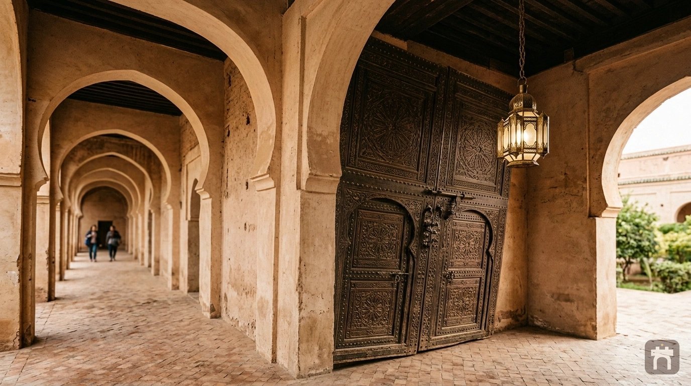The carved door and hanging lantern at the minbar pavilion